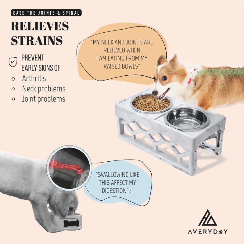 AVERYDAY Small Dog Bowls Elevated, 4 Height Adjustable Raised Dog Bowl Stand with 2 Stainless Steel Food and Water Bowls Set, Tall Dogs Feeding Station with Anti-Slip Base for Small Medium Breeds Dogs