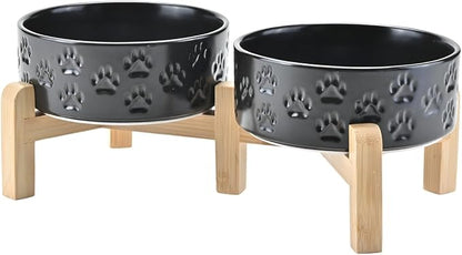 SPUNKYJUNKY Elevated Dog Bowls Ceramic, 5.1'' Dogs and Cat Food Water Bowls Raised with Non-Slip Bamboo Stand for Puppy Small Sized Breed Microwave Dishwasher Safe - 13.5 OZ,Paw Black