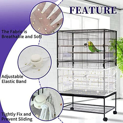 Daoeny Large Bird Cage Cover, Bird Cage Seed Catcher, Adjustable Soft Nylon Mesh Net with Twinkle Moon Star, Birdcage Cover Skirt Seed Guard for Parrot Parakeet Macaw Round Square Cages (White)
