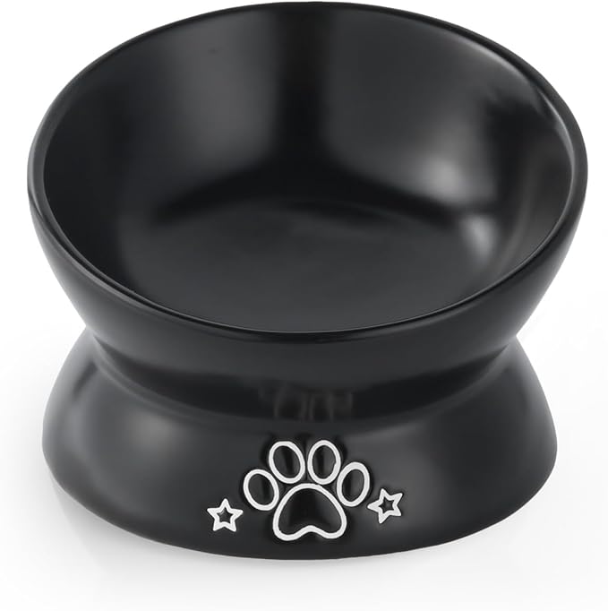 LoeJan Elevated Cat Food Bowl, 5 Oz Ceramic Raised and Tilted Water Bowl, Anti Vomiting and Protect Pets' Spines Dishes for Small Dog, Fat Faced Cat, Kitten (Black Pattern, 1 Pack)