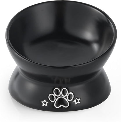 LoeJan Elevated Cat Food Bowl, 5 Oz Ceramic Raised and Tilted Water Bowl, Anti Vomiting and Protect Pets' Spines Dishes for Small Dog, Fat Faced Cat, Kitten (Black Pattern, 1 Pack)