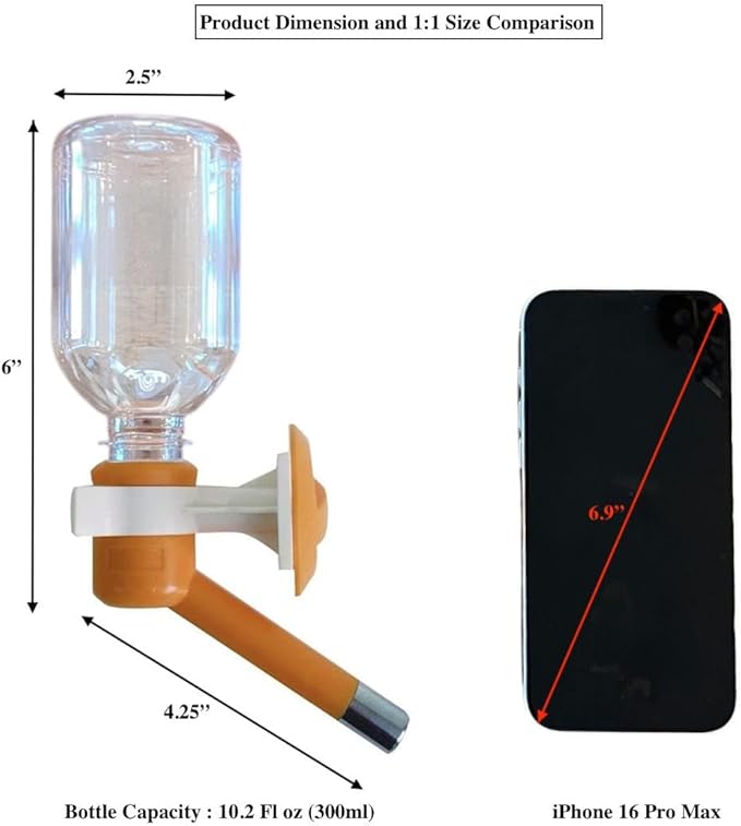 Choco Nose Patented No-Drip Dog Water Bottle/Feeder for Dogs/Cats and Other Small-Medium Sized Animals - for Cages, Crates or Wall Mount. 10.2 Oz. Mess Free Leak-Proof Nozzle 16mm, Orange (C590)