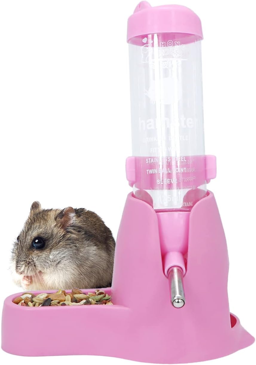 3 in 1 Hamster Hanging Water Bottle Pet Auto Dispenser with Base for Dwarf Hamster Mouse Rat Hedgehog (125ML, Pink)