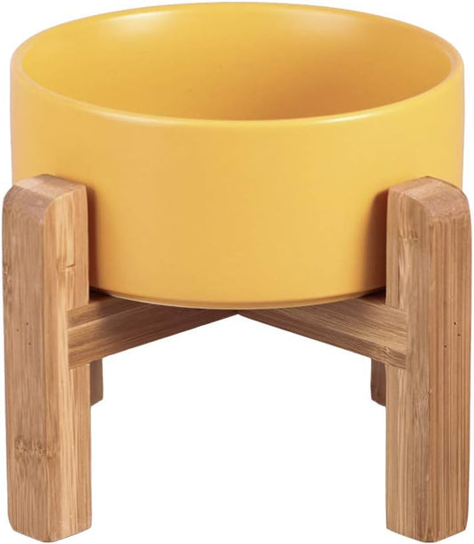 Yellow Ceramic Elevated Raised Cat Bowl with Wood Stand No Spill Pet Food Water Feeder Cats Small Dogs