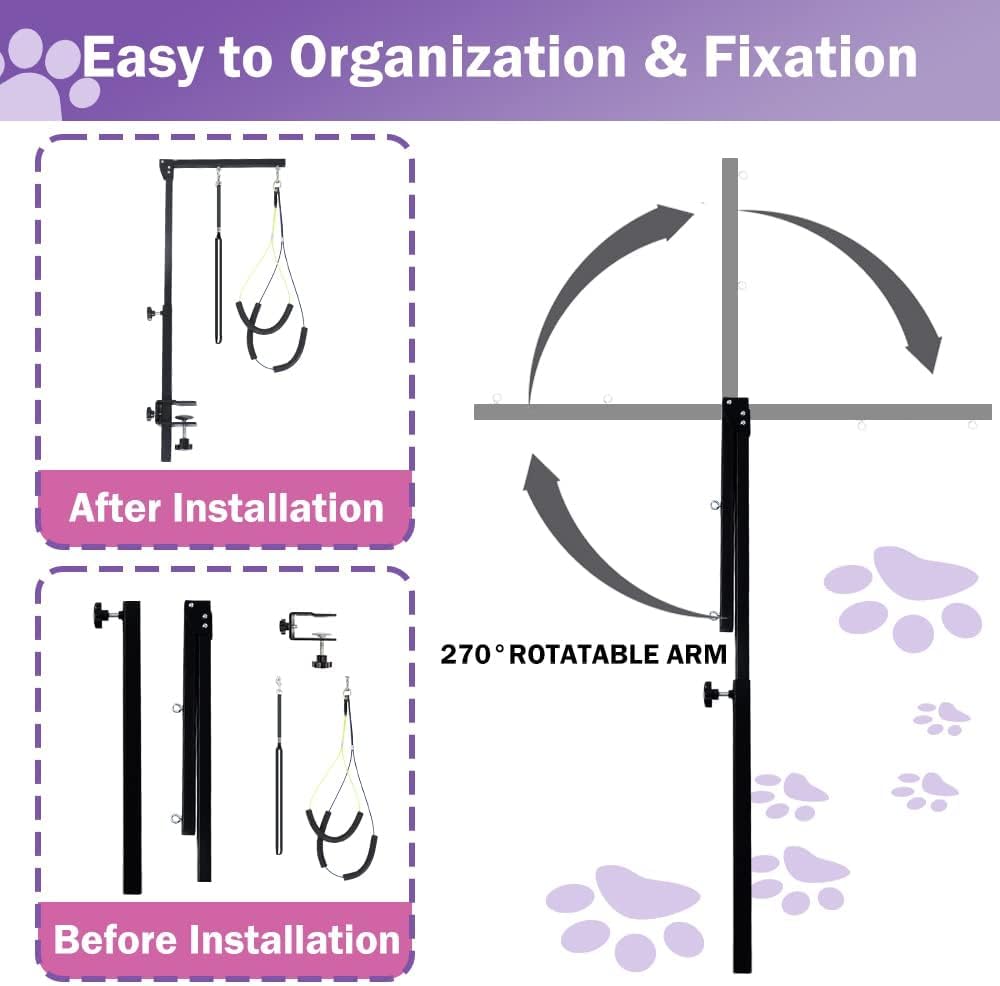 Dog Grooming Arm with Clamp, Heavy Duty Pet Grooming Table Arm with Grooming Hammock, Loop Noose & Two No-Sit Haunch Holder, 36" Height Adjustable for Medium & Small Pets, Black