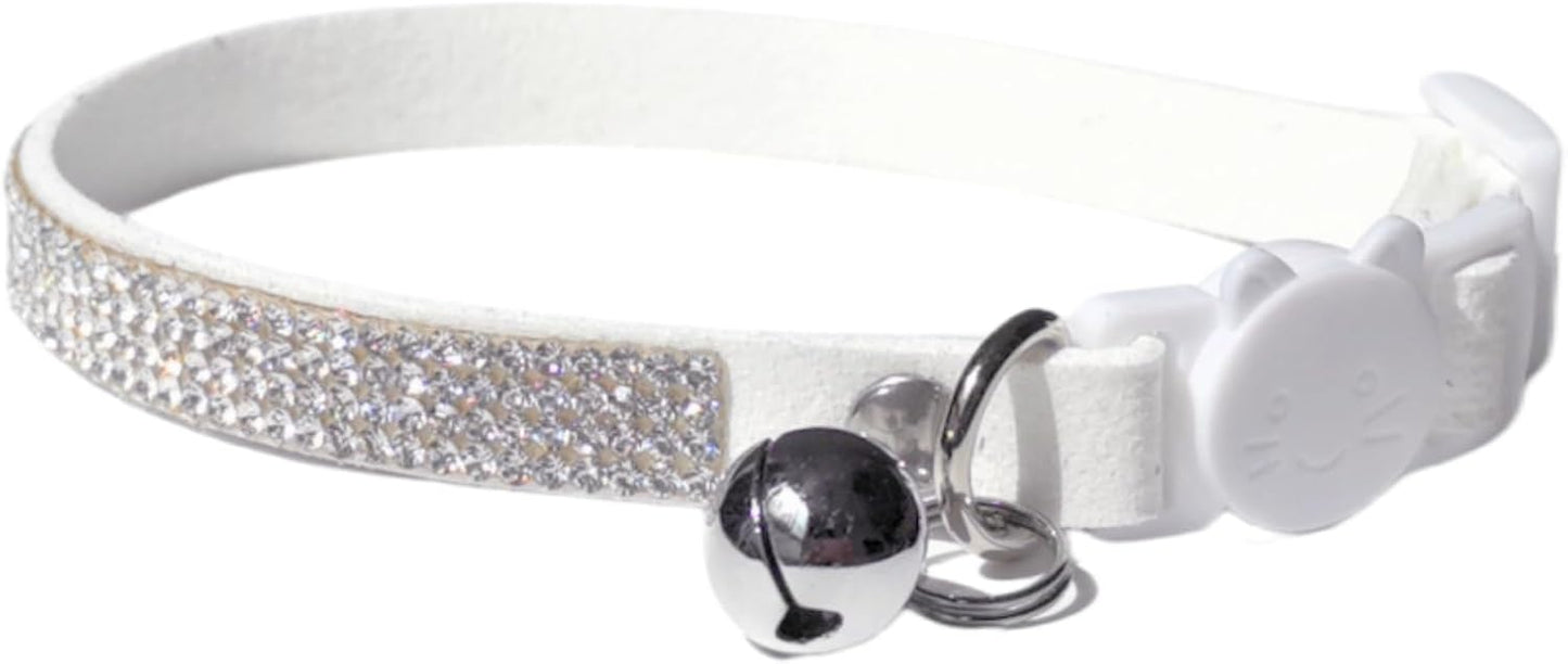 Rhinestone Cat Collar Breakaway with Bell Safety Buckle, Adjustable Diamond Girl Boy Kitty Cute Comfy Collar for Kitten Tiny Little Pets Rabbits, 6"-9" White Extra Small