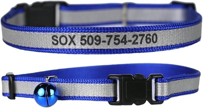 GoTags Personalized Reflective Cat Collars, Engraved Custom Cat Collar with Name and Phone Identification, Breakaway Collar with Safety Release Buckle and Bell, Adjustable for Cats and Kitten, (Blue)
