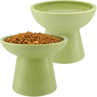 LoeJan Elevated Cat Feeder Set, Extra Wide and Raised Ceramic Bowls, Anti-Vomit Whisker-Free Cat Bowl for Kittens to Adult Cats - Green, Extra Wide and Raised