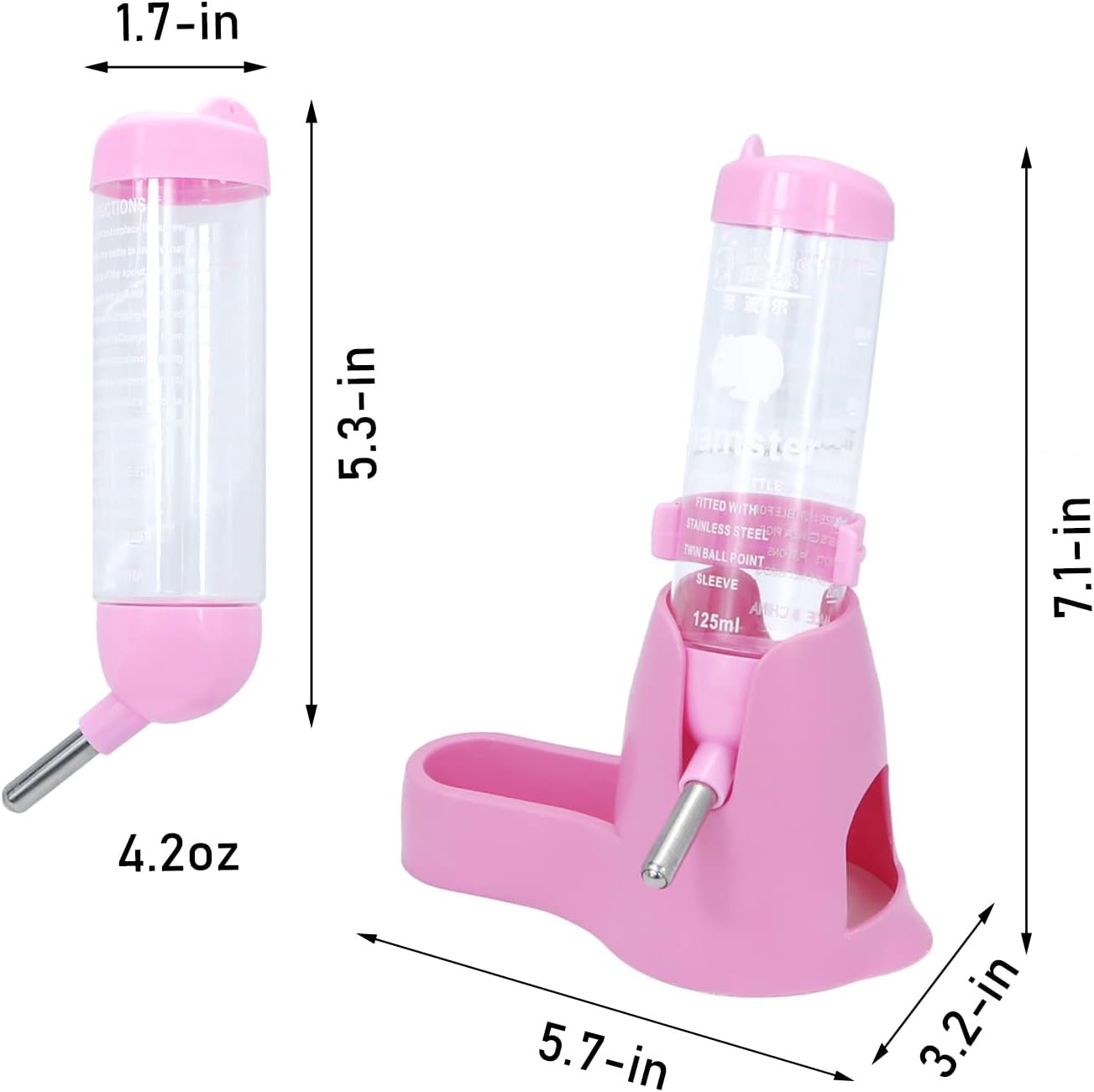 3 in 1 Hamster Hanging Water Bottle Pet Auto Dispenser with Base for Dwarf Hamster Mouse Rat Hedgehog (125ML, Pink)