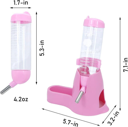Wontee 3 in 1 Hamster Water Bottle Small Pet Automatic Water Dispenser with Food Container Base Hideout for Dwarf Hamster Mice Gerbils, 2 Pack (Pink, 125ML)