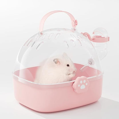 BUCATSTATE Small Animal Carrier Cage with Water Bottle, Portable Hamster Travel Carrier Carry Case 7.24" L*6.69 W *6.42" H for Small Pets, Gerbils, Mice, Dwarf Hamster (Pink)