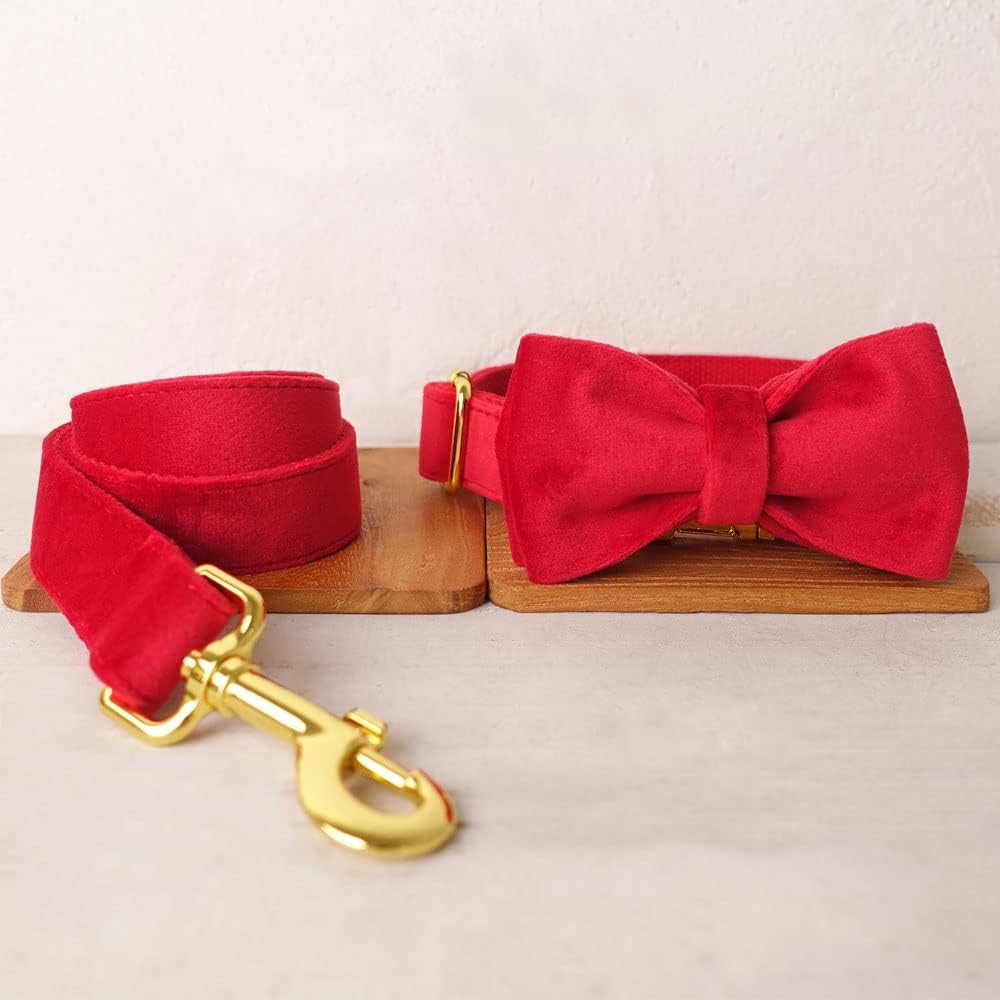 PETDURO Personalized Dog Collar Red Soft Velvet for Large Medium Small Boy Girl Dogs - Custom Collar with Name Phone Engraved on Bright Gold Metal Buckle - Add Matching Leash Bow Set via Customize Now