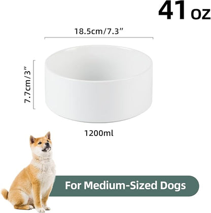 Ceramic Dog Bowl, Food and Water Bowl for Medium Breed Dog, Pet Bowl for Replacement (7.3 inch, Single Bowl, White)