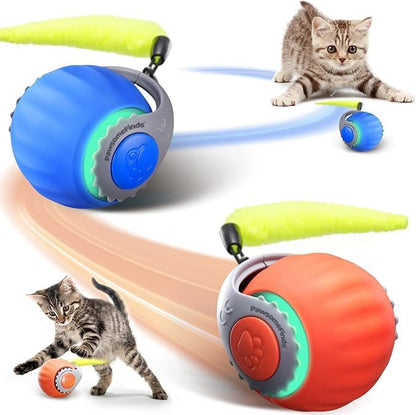 Interactive Cat Toy for Indoor Cats, Two Speed Smart Automatic Cat Toy Moving Ball with Tail, 2 Pack Rechargeable Motion Activated Cat Toys for Bored Indoor Adult Cats(Orange & Blue)