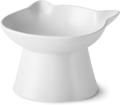 Ceramic Elevated Cat Bowl, Raised Cat Food Water Bowl for Indoor Cats with Stand, Titled Anti-Vomiting Cat Dish，Whisker Friendly, All Life Stage