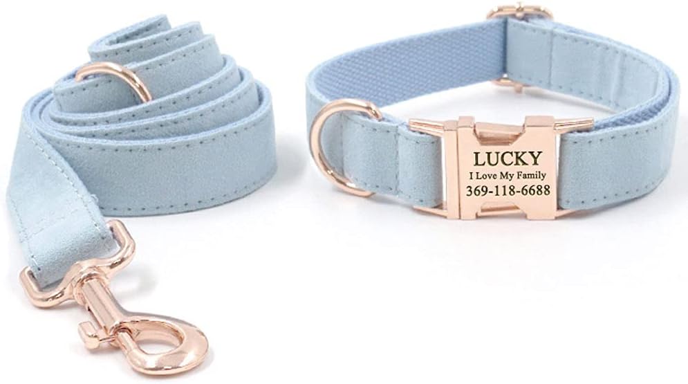 PETDURO Personalized Dog Collar Light Blue Soft Velvet for Large Medium Small Boy Girl Dogs - Custom Collar with Name Phone Engraved on Rose Gold Metal Buckle - Add Leash Bow Set via Customize Now
