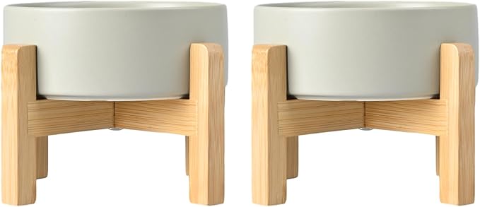 SPUNKYJUNKY Ceramic Elevated Dog Bowls 2 Pack - 8.3inch Raised Dog Bowls with Non-Slip Wooden Stand for Large Dogs Dishwasher Safe(Grey,60OZ*2)