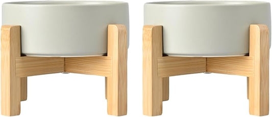 SPUNKYJUNKY Ceramic Elevated Dog Bowls 2 Pack - 8.3inch Raised Dog Bowls with Non-Slip Wooden Stand for Large Dogs Dishwasher Safe(Grey,60OZ*2)