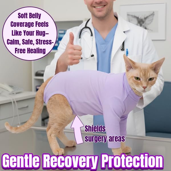 Cat Neuter Surgery Recovery Suit Male, Anti-Licking Cats Spay Recovery Suit Female, Long Sleeve Prevent Shedding Body Suit Post Surgery, Breathable Cone & E Colla Alternative Cat Apparel(Purple, L)