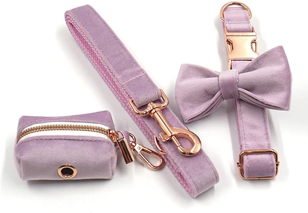 PETDURO Custom Dog Collar Personalized with Name Engraved Quick Release Rose Gold Metal Buckle for Large Medium Small Girl Dogs - Dog Leash and Bow Tie Available - Soft Comfy Velvet (Purple, S)