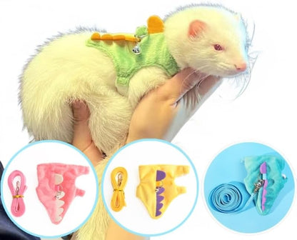 Ferret Leash and Harness Set, Dinosaur Design Small Animal Harness with Leash, Adjustable & Escape-Proof, Soft Plush Comfort for Rabbits, Kitten, Bunny, Hedgehog (Yellow)
