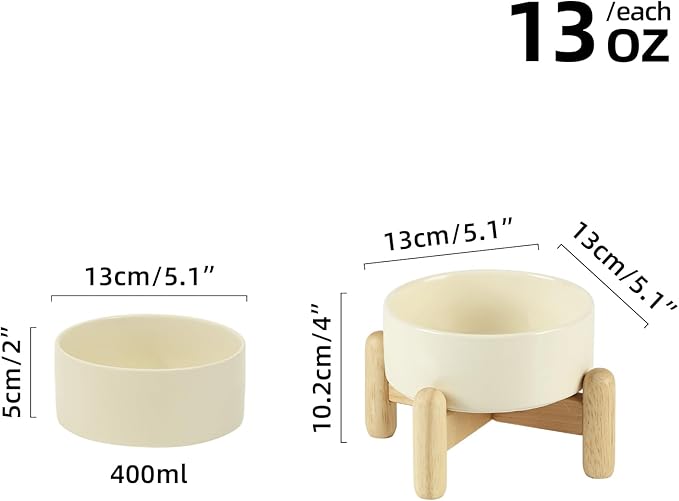 Ceramic 5.1inch Raised Dog and Cat Bowl Set, Elevated with Wooden Stand, Food and Water Bowl for Small Breed Dogs, Cats, Kitty, Weighted Dog Dishes, Pet Bowls(13.5oz, Beige)