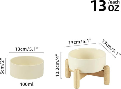 Ceramic 5.1inch Raised Dog and Cat Bowl Set, Elevated with Wooden Stand, Food and Water Bowl for Small Breed Dogs, Cats, Kitty, Weighted Dog Dishes, Pet Bowls(13.5oz, Beige)