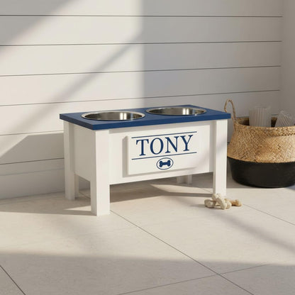 GrooveThis Woodshop - Personalized Elevated Dog Bowl Stand for Large, Medium, Small, X-Small Dogs - Stainless Steel Food and Water Bowls - Raised Dog Dish with Internal Storage (Large, Blue)