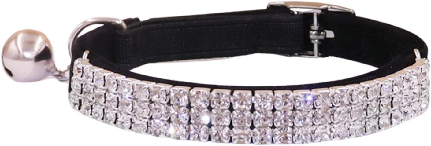 THAIN Rhinestones Cat Dog Collar Soft Velvet Safe Adjustable Collar Bling Diamante with Bells, 8-11 inch for Small Dogs and Cats (Black)