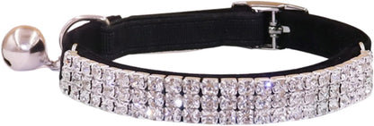 THAIN Rhinestones Cat Dog Collar Soft Velvet Safe Adjustable Collar Bling Diamante with Bells, 8-11 inch for Small Dogs and Cats (Black)