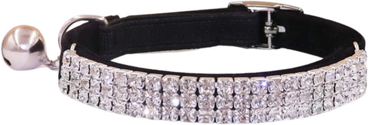 THAIN Rhinestones Cat Dog Collar Soft Velvet Safe Adjustable Collar Bling Diamante with Bells, 8-11 inch for Small Dogs and Cats (Black)