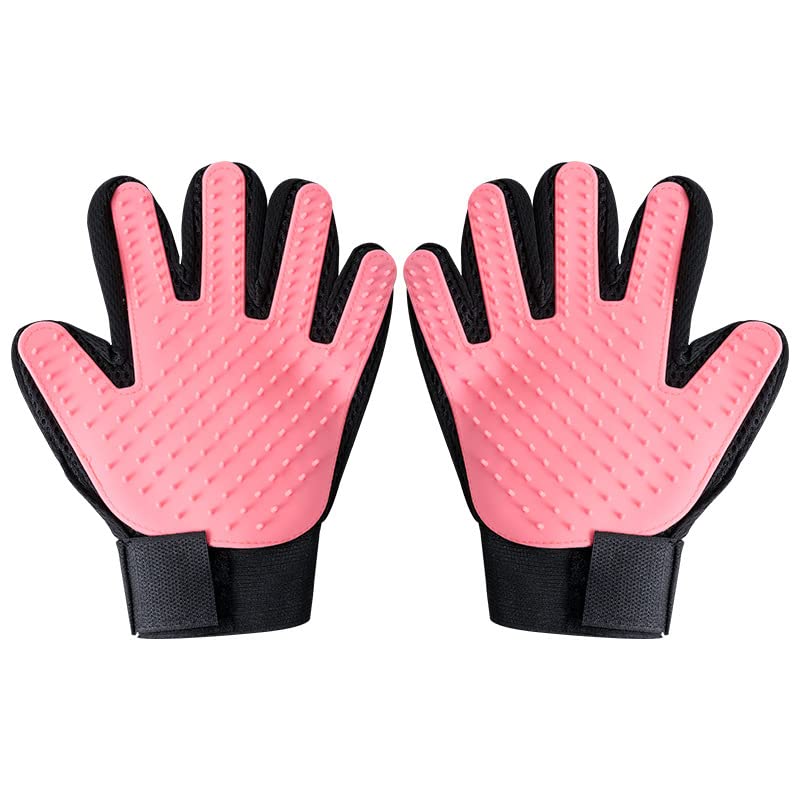 Efficient Pet Grooming Glove - Gentle Shedding Brush for Dogs, Cats, Horses, & more with Long & Short Hair - 1 Pair (Pink)
