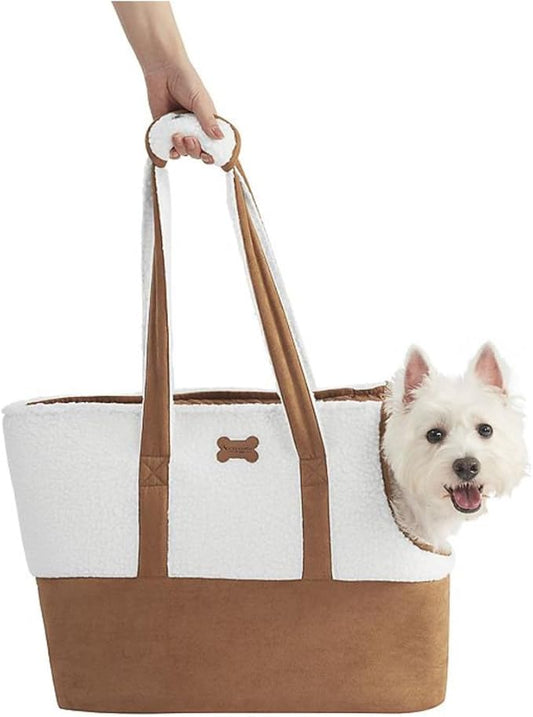 The Limit'd Edition Kool@burra Faux Suede & Sherpa Pet Carrier Tote Zip-Top Dog/Cat Carrier with Front Scoop & Pocket, Cream/Tan, 17 x 8 x 15 in
