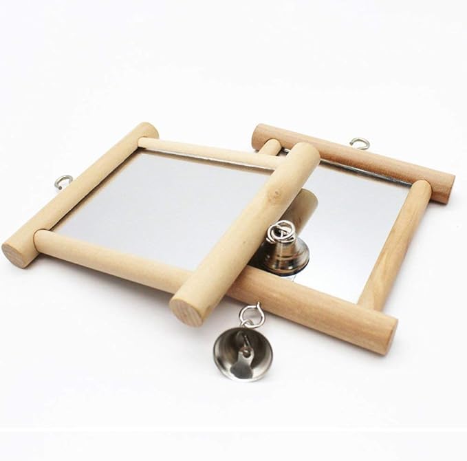 Bird Mirror Wooden Hanging Swing Interactive Play Toys for Small Parrot Budgies Macaw African Grey Parakeet Cockatiel Conure Lovebird Cage Accessories (Bird Mirror with Bell-2 PCS)