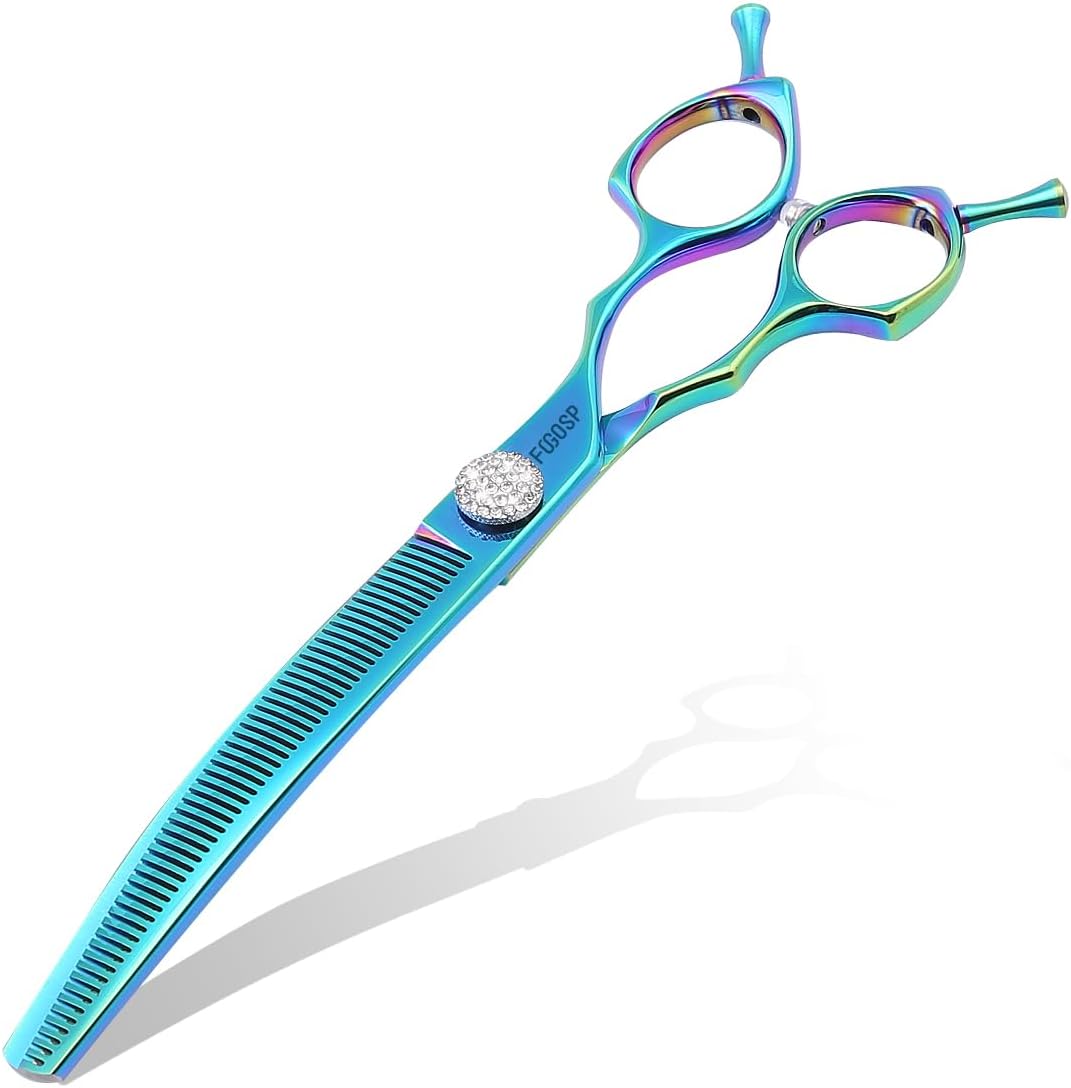 Professional Curved Thinning Shears Dog Grooming Scissors 7.5'' Blue Green Curved Thinner Scissors for Grooming Large Dogs Pet 56 Teeth Japan 440C(Curved Thinner,Turquoise)