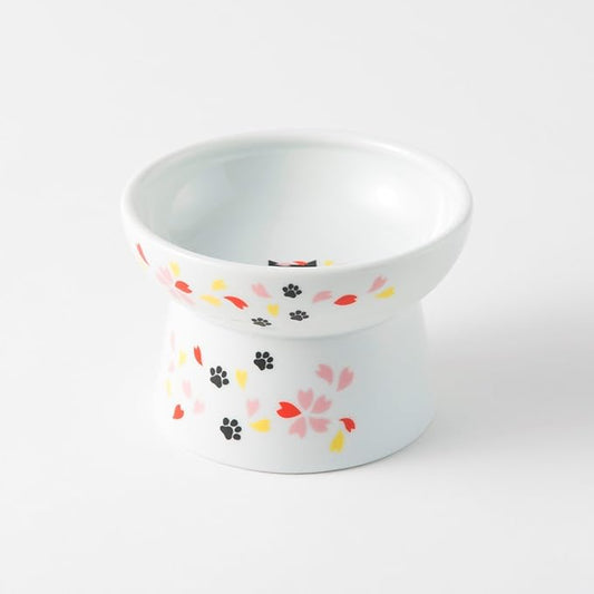Necoichi Raised Cat Food Bowl – Ceramic Elevated Cat Bowl for Whisker & Neck Fatigue, Dishwasher Microwave Safe – Non-Slip & Anti Vomiting Ergonomic Design (Sakura Floral, Regular)
