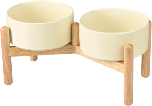 SPUNKYJUNKY Ceramics Raised Dog Bowl with Wooden Stand - Double 28.7OZ Cream White Bowls for Small Medium Dogs