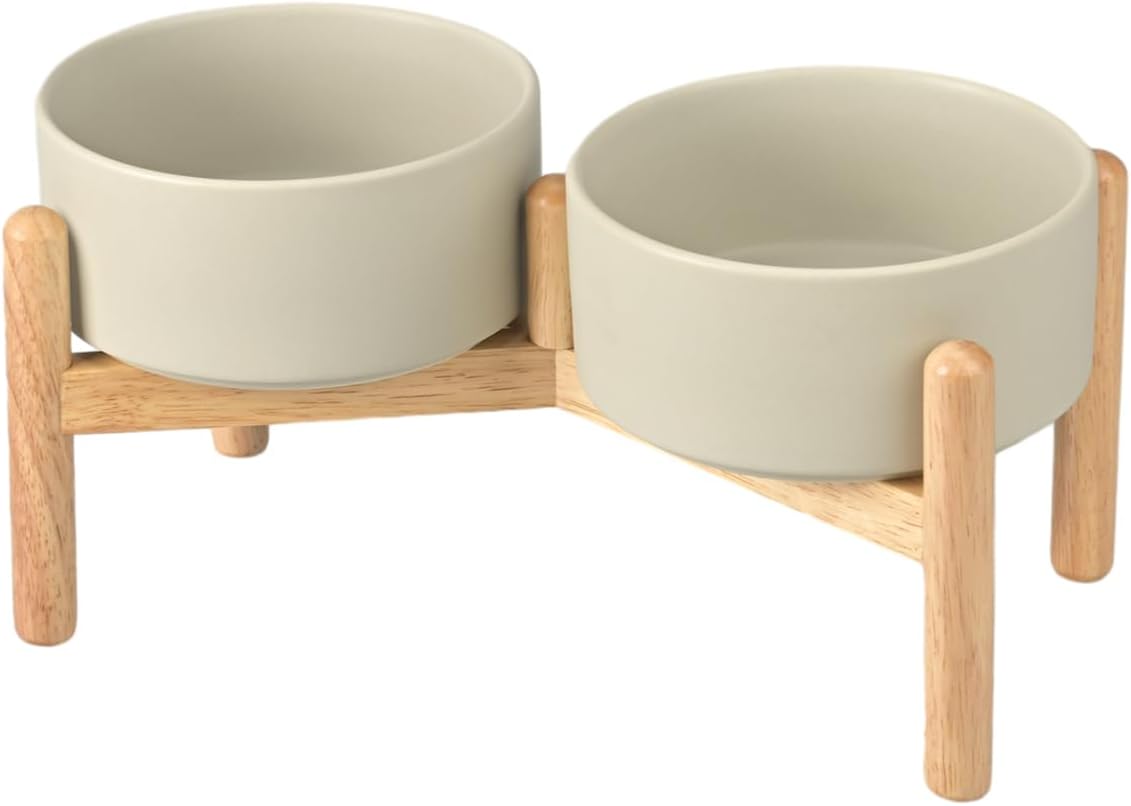 SPUNKYJUNKY Ceramics Raised Dog Bowls with Wooden Stand Elevated Dog Bowl for Small Medium Dog Food and Water Pet Feeding Bowl(Double 28.7OZ Bowls,Grey)