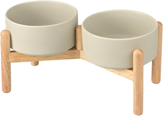 SPUNKYJUNKY Ceramics Raised Dog Bowls with Wooden Stand Elevated Dog Bowl for Small Medium Dog Food and Water Pet Feeding Bowl(Double 28.7OZ Bowls,Grey)