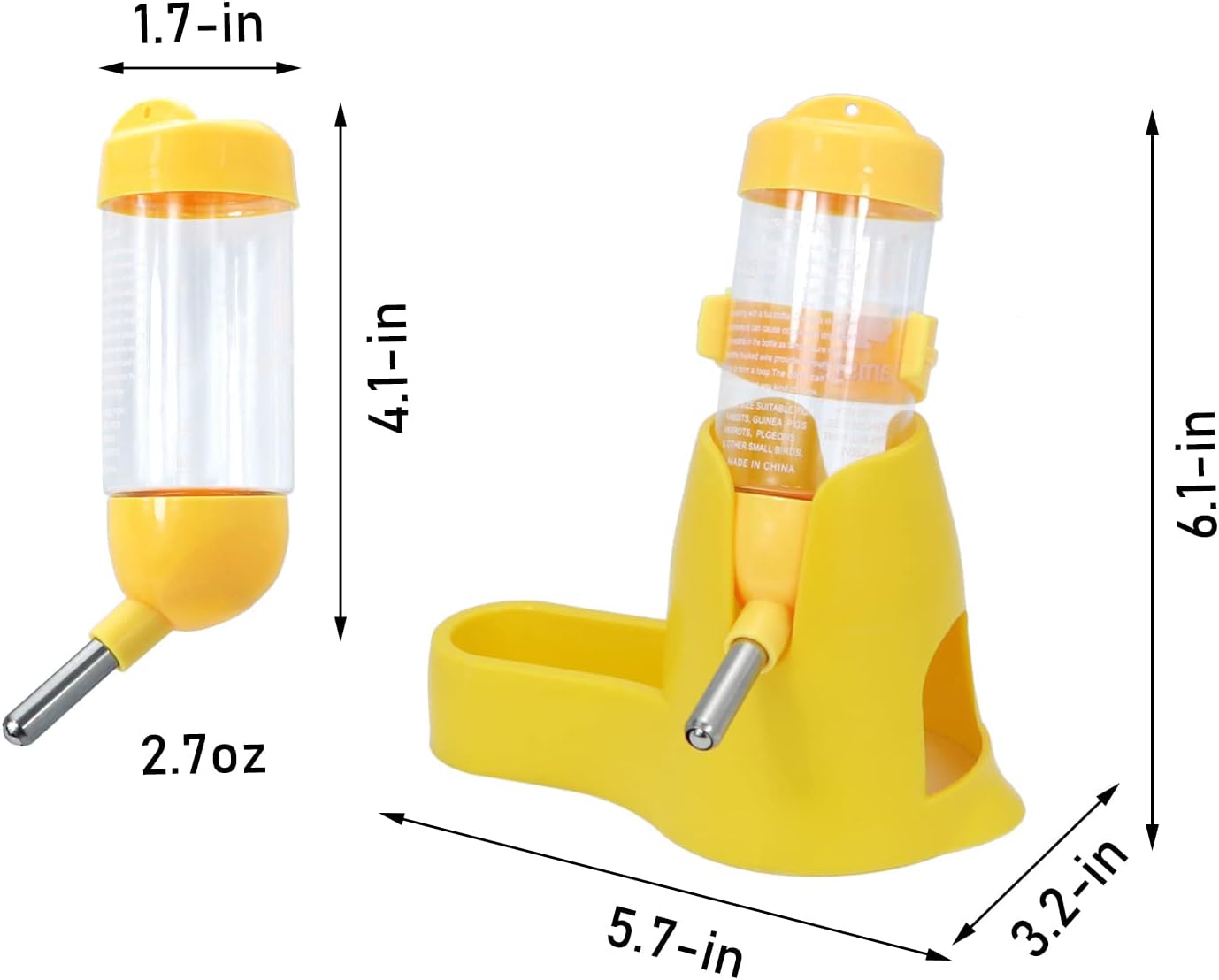 3 in 1 Hamster Hanging Water Bottle Pet Auto Dispenser with Base for Dwarf Hamster Mouse Rat Hedgehog (80ML, Yellow)