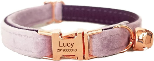 Cat Collar Personalized with Name Engraved and Bell, Customized Velvet Collars for Puppy Kittens (Purple, S)