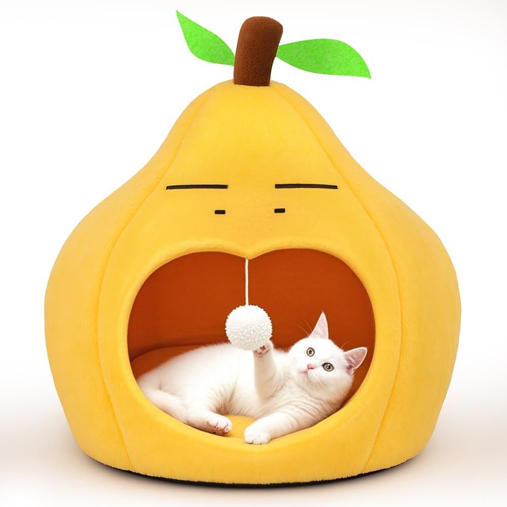 Cute Cat Beds for Indoor Cats, Small Dog Beds, Soft Washable Pet Beds for Kitten and Puppy, Funny Pear Cat Cave, 19 Inches