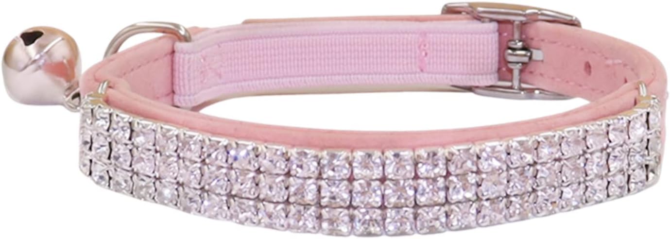 THAIN Rhinestones Cat Dog Collar Soft Velvet Safe Adjustable Collar Bling Diamante with Bells, 8-11 inch for Small Dogs and Cats (Pink)