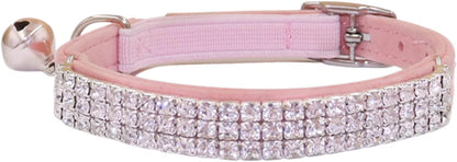 THAIN Rhinestones Cat Dog Collar Soft Velvet Safe Adjustable Collar Bling Diamante with Bells, 8-11 inch for Small Dogs and Cats (Pink)