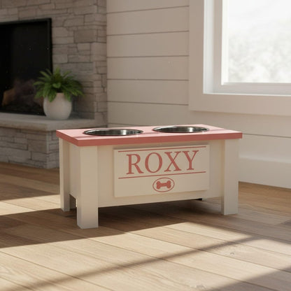 GrooveThis Woodshop - Personalized Elevated Dog Bowl Stand for Large, Medium, Small, X-Small Dogs - Stainless Steel Food and Water Bowls - Raised Dog Dish with Internal Storage (Medium, Magenta)