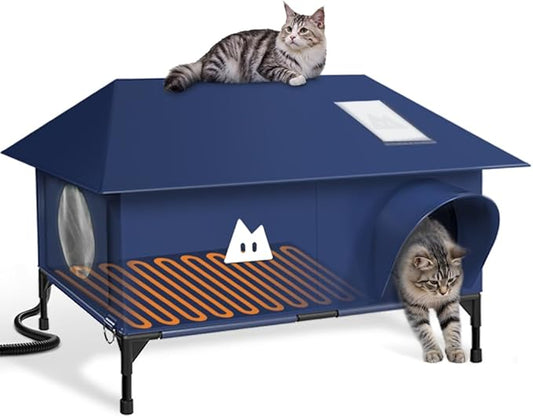 Heated Outdoor Cat House for Outside Cat in Winter,Upgraded 100% Weatherproof,Spacious Interior,2 Doors,Name Pocket,Heavy-Duty Insulated Feral Cat Shelter for Stray Barn Kitten(Blue,28"x16"x14.5")