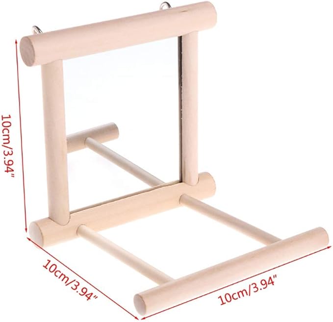 Bird Mirror Wooden Hanging Swing Interactive Play Toys for Small Parrot Budgies Macaw African Grey Parakeet Cockatiel Conure Lovebird Cage Accessories (Bird Mirror Perch Stand-ONE)