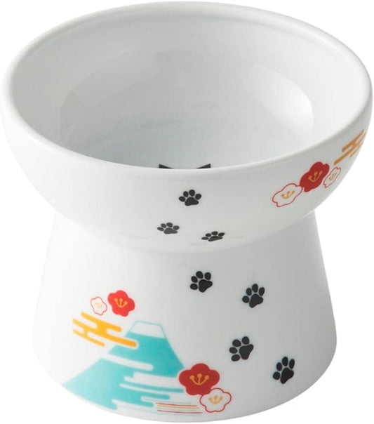 Necoichi Raised Cat Food Bowl – Ceramic Elevated Cat Bowl for Whisker & Neck Fatigue, Dishwasher Microwave Safe – Non-Slip & Anti Vomiting Ergonomic Design (Fuji, Large)