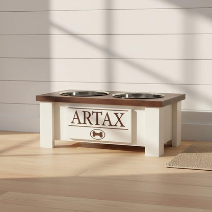 GrooveThis Woodshop - Personalized Elevated Dog Bowl Stand for Large, Medium, Small, X-Small Dogs - Stainless Steel Food and Water Bowls - Raised Dog Dish with Internal Storage (Small, Dark Walnut)