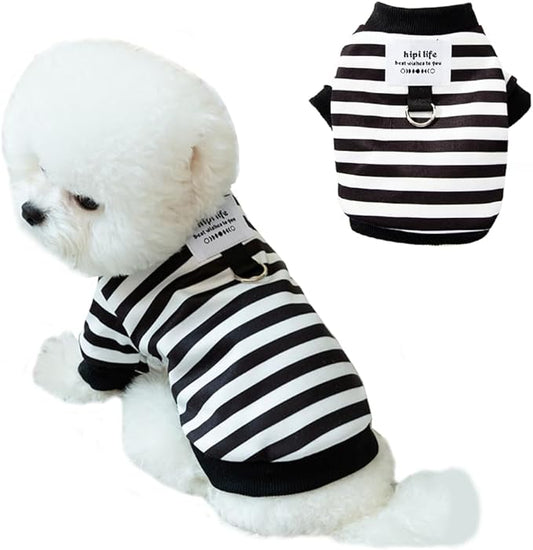Autumn Dog Hoodies with Leash Ring Warm Striped Puppy Shirt for Small Dog Girl Boy Cat Sweater Winter Pet Clothes Pomeranian Chihuahua Cold Weather Coat (Small, Black)
